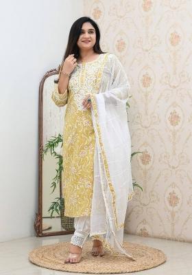 Yellow Embroidered Cotton Salwar Kameez With Dupatta