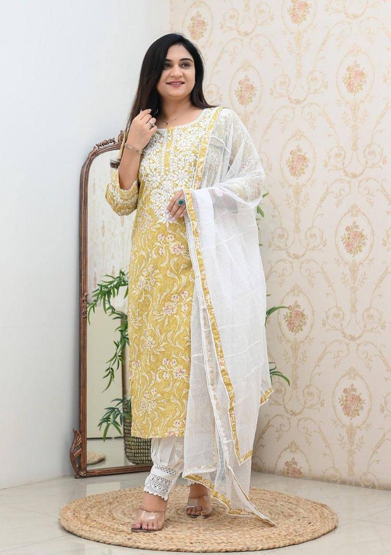 Yellow Embroidered Cotton Salwar Kameez With Dupatta