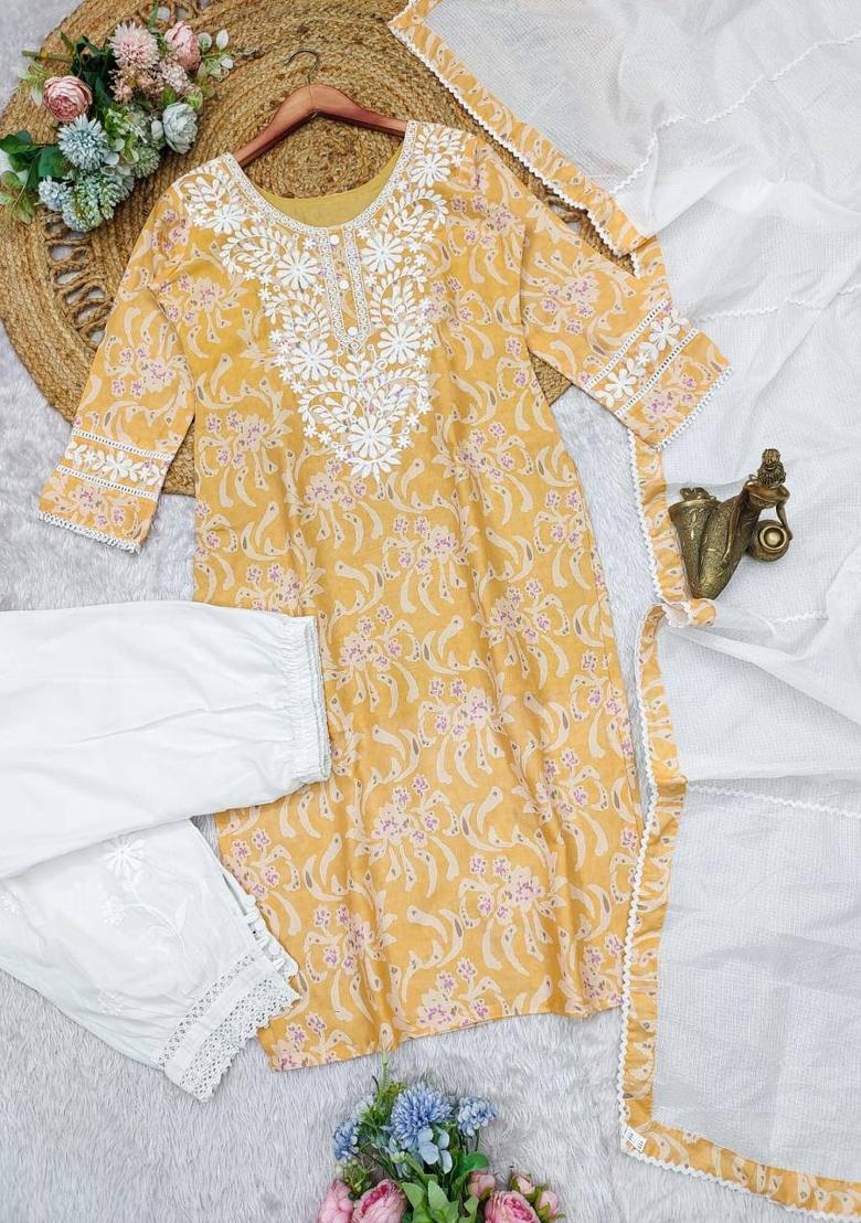Yellow Embroidered Cotton Salwar Kameez With Dupatta