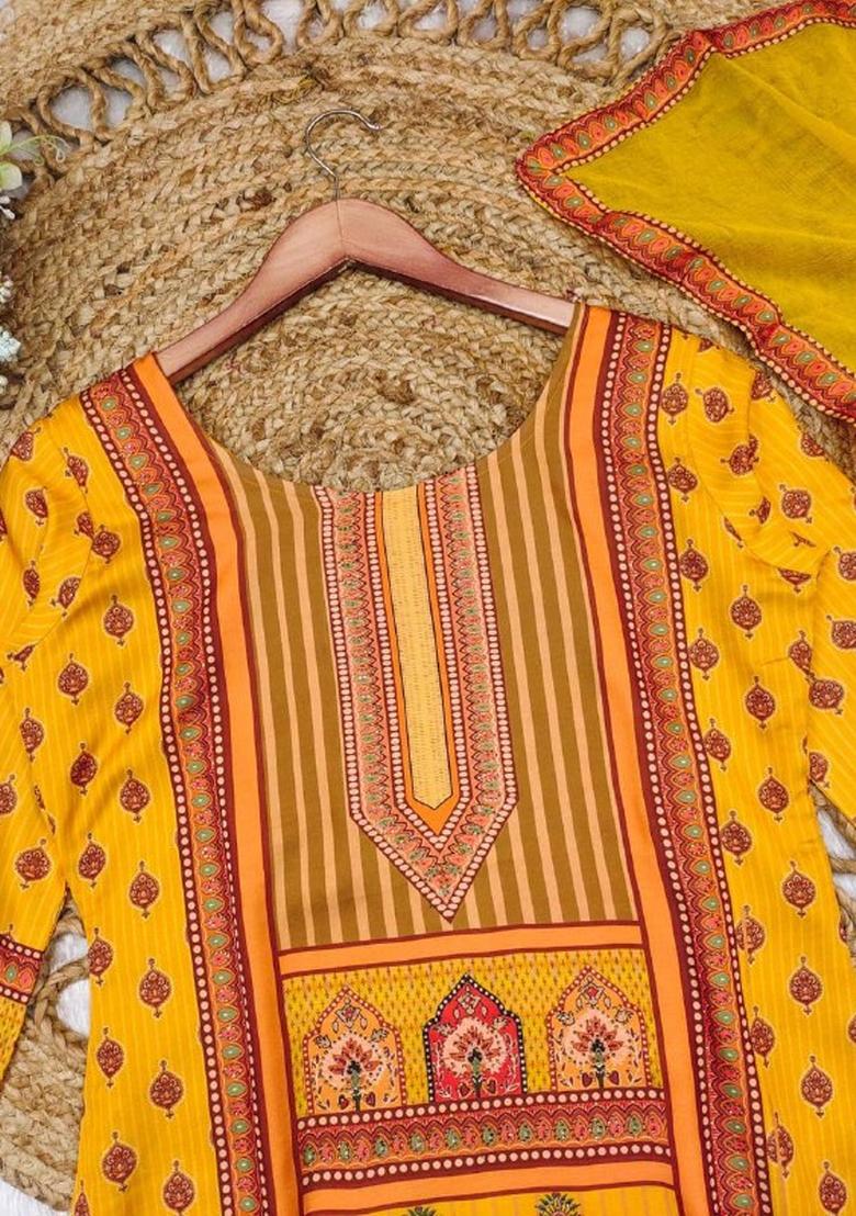 Mustard Yellow Digital Print Satin Salwar Kameez With Dupatta