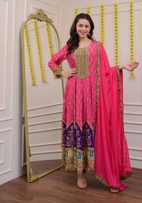 Pink Embroidered Chinon Salwar Kameez With Dupatta