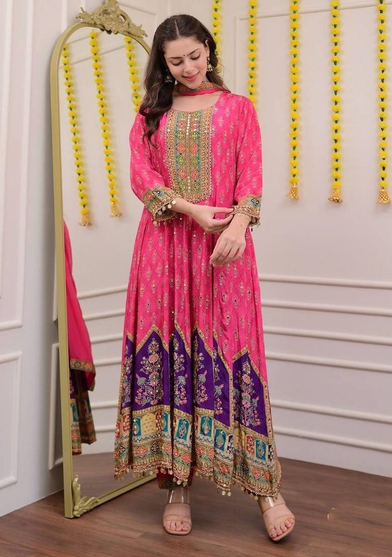Pink Embroidered Chinon Salwar Kameez With Dupatta