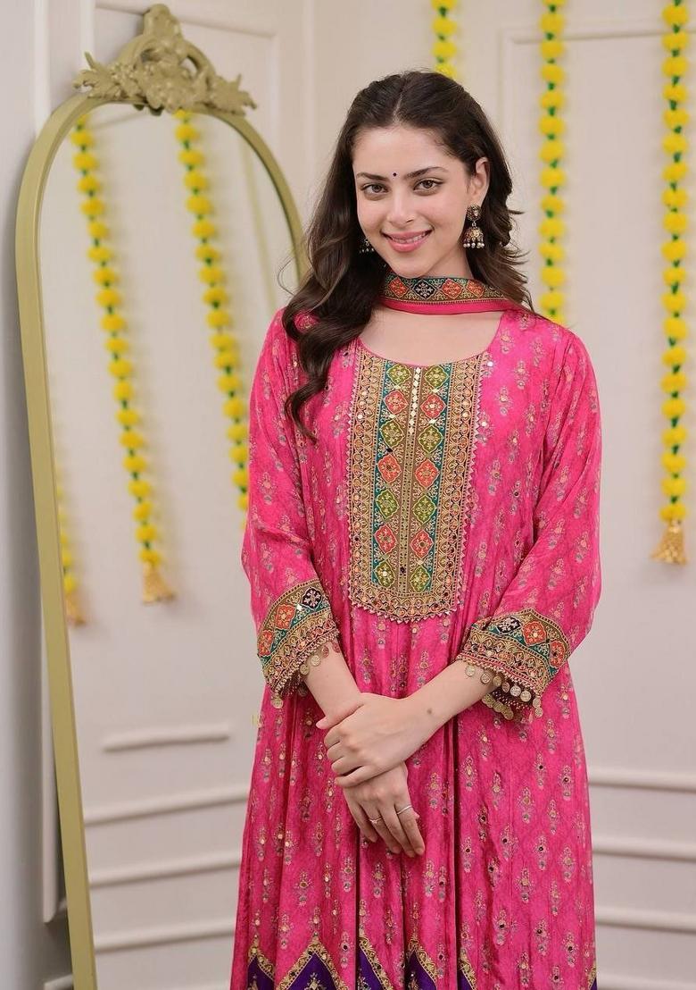 Pink Embroidered Chinon Salwar Kameez With Dupatta