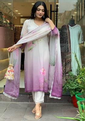 White Floral Print Sheer Salwar Kameez With Dupatta