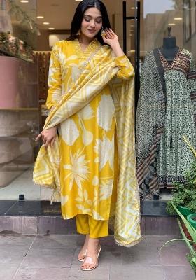 Yellow Floral Print Sheer Salwar Kameez With Dupatta