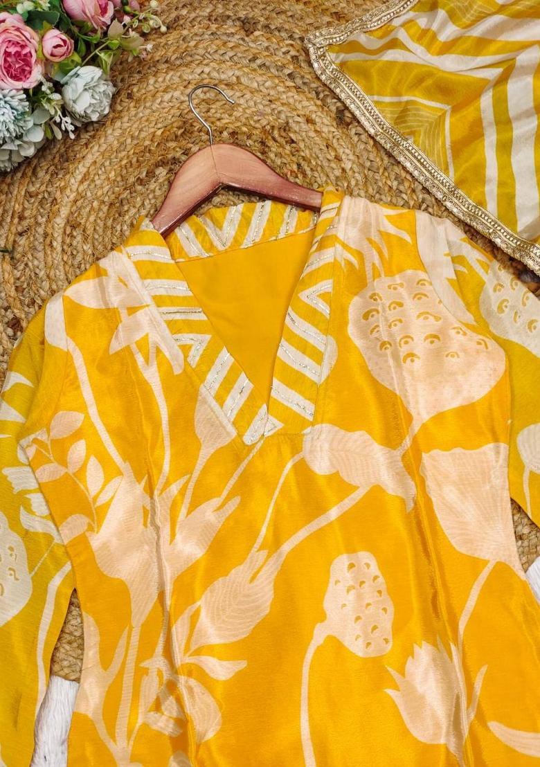 Yellow Floral Print Sheer Salwar Kameez With Dupatta