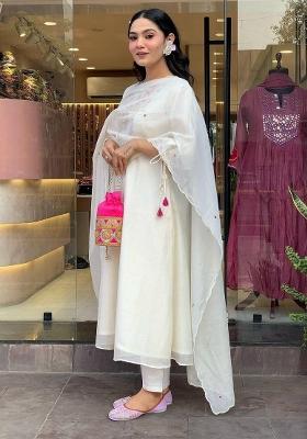 White Embroidered Chanderi Salwar Kameez With Dupatta