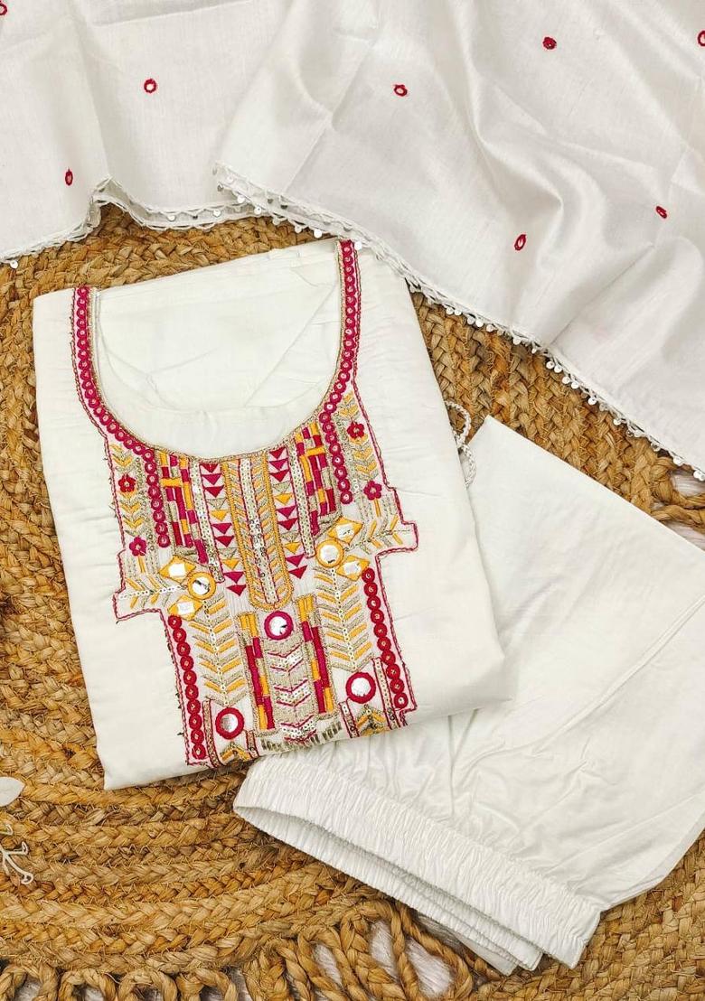 White Embroidered Chanderi Salwar Kameez With Dupatta