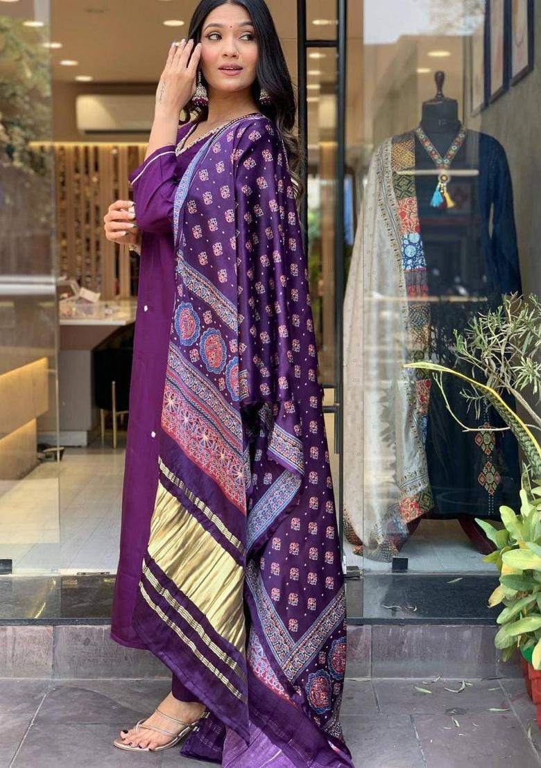 Purple Embroidered Silk Salwar Kameez With Dupatta