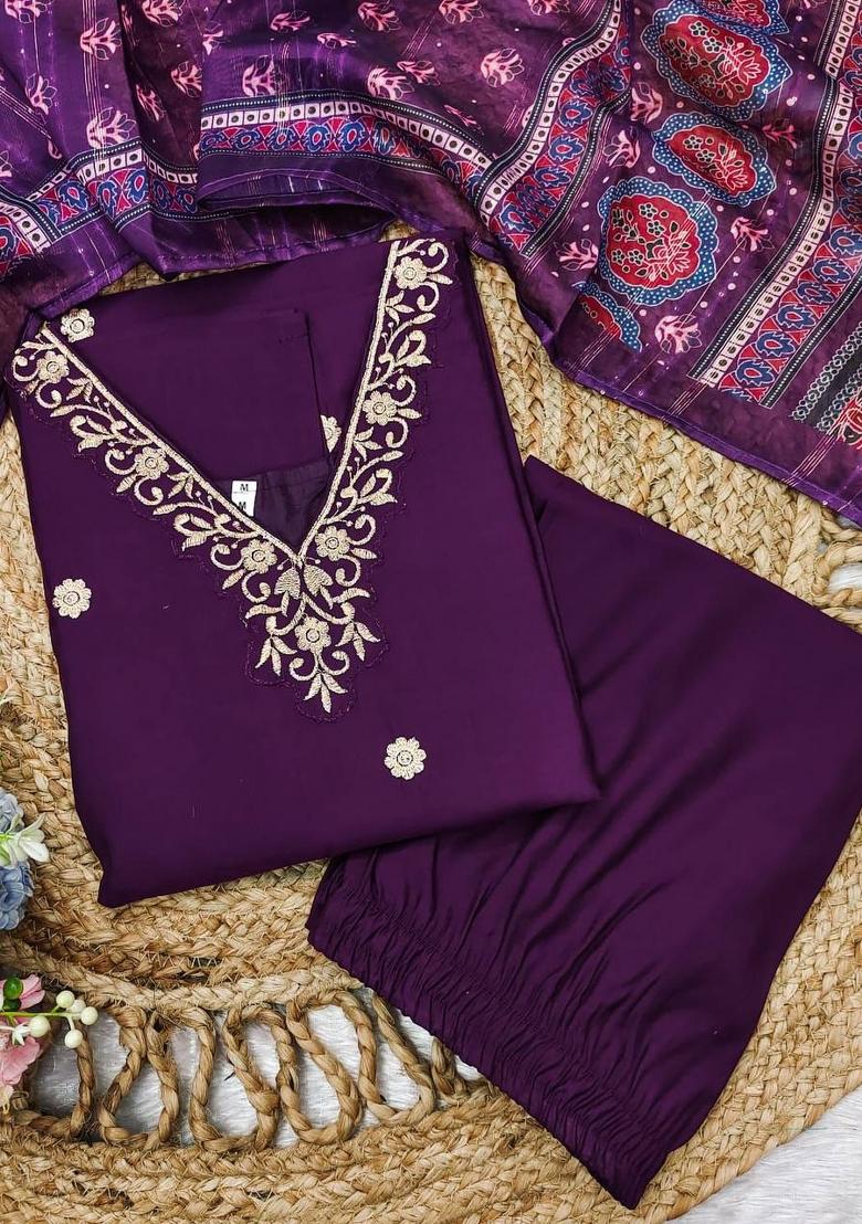 Purple Embroidered Silk Salwar Kameez With Dupatta