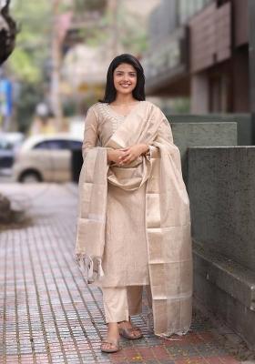 Cream Embroidered Silk Salwar Kameez With Dupatta