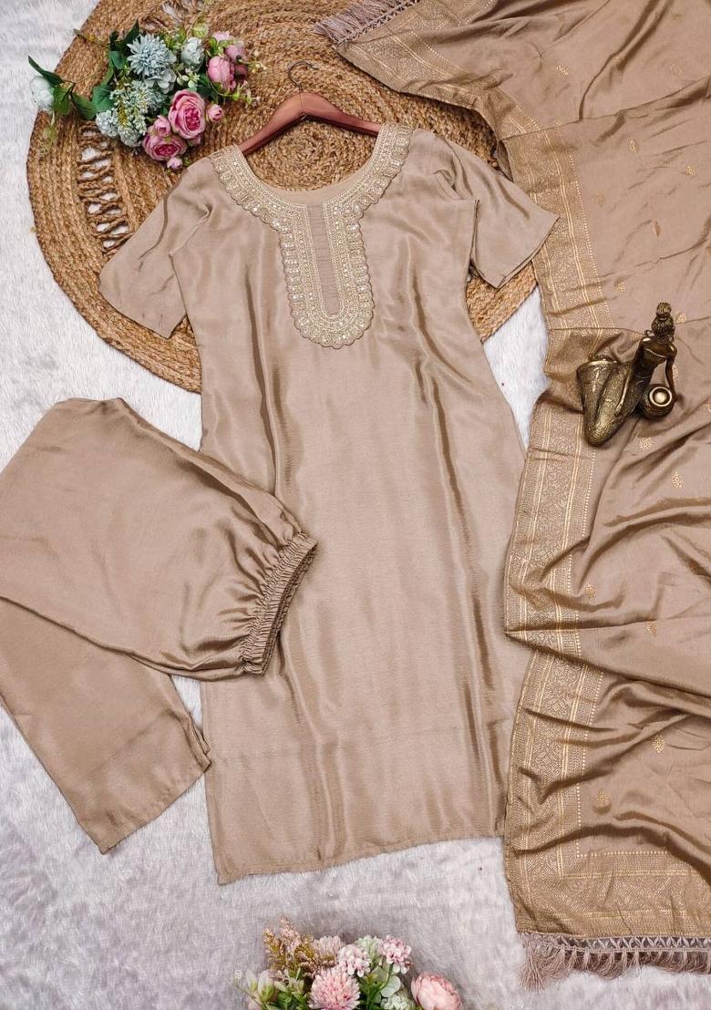 Cream Embroidered Silk Salwar Kameez With Dupatta