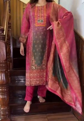 Pink Printed Silk Salwar Kameez With Dupatta