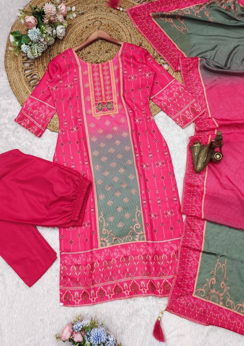 Pink Printed Silk Salwar Kameez With Dupatta