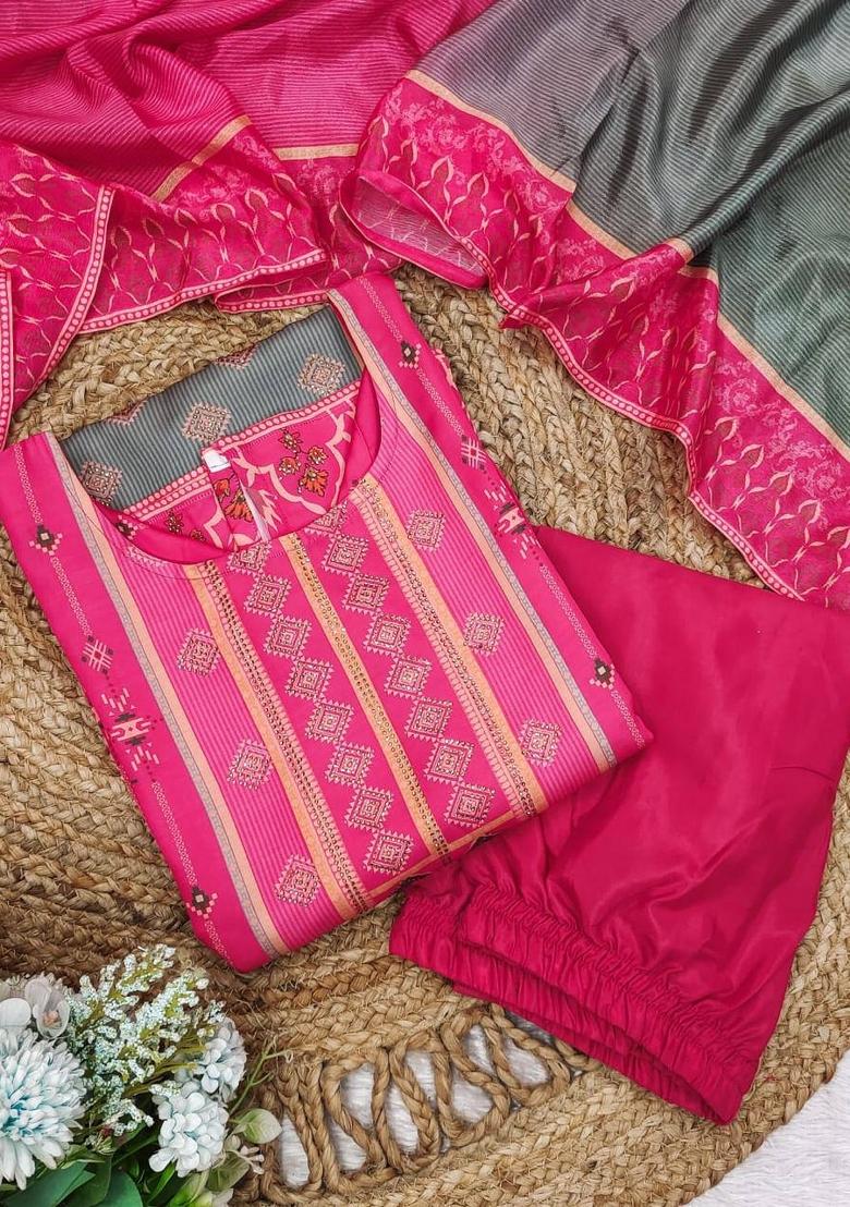 Pink Printed Silk Salwar Kameez With Dupatta