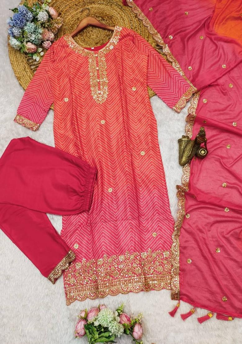 Orange Bandhani Print Chinon Salwar Kameez With Dupatta