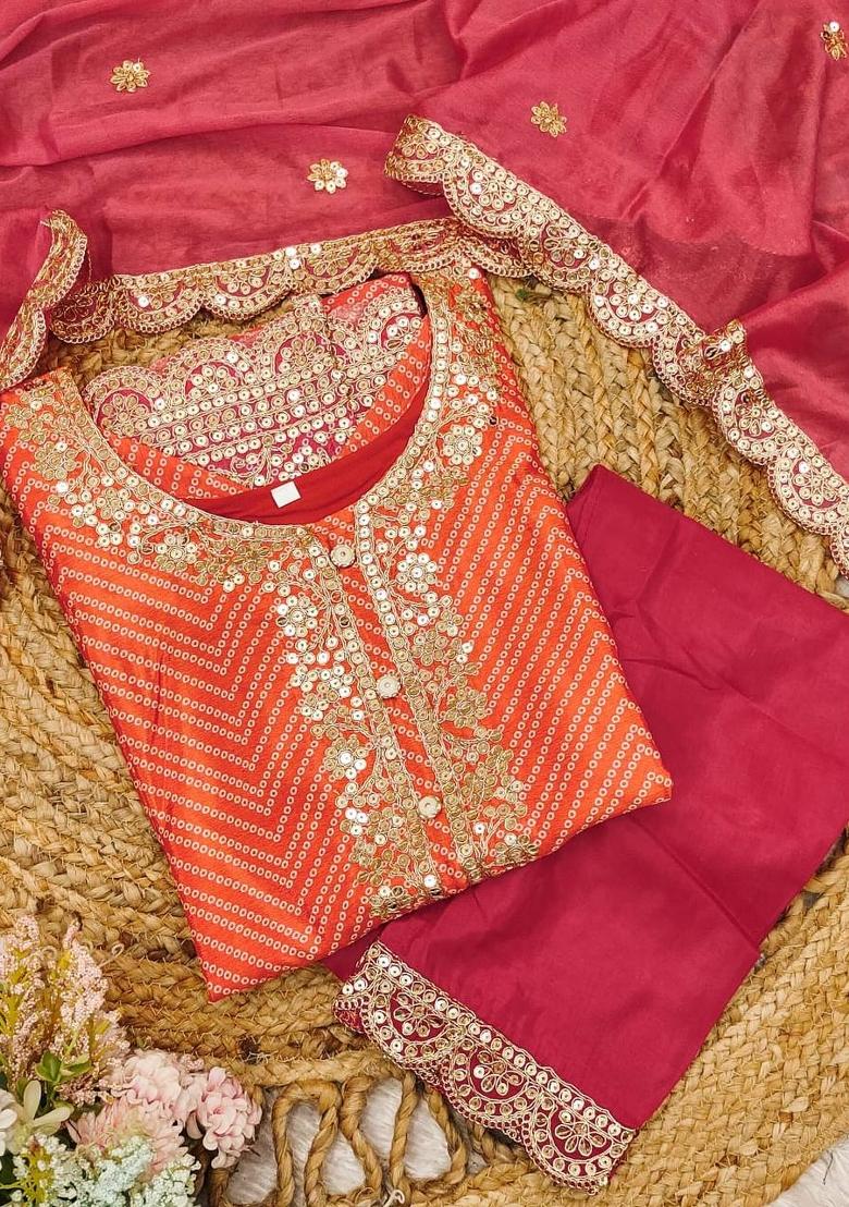 Orange Bandhani Print Chinon Salwar Kameez With Dupatta