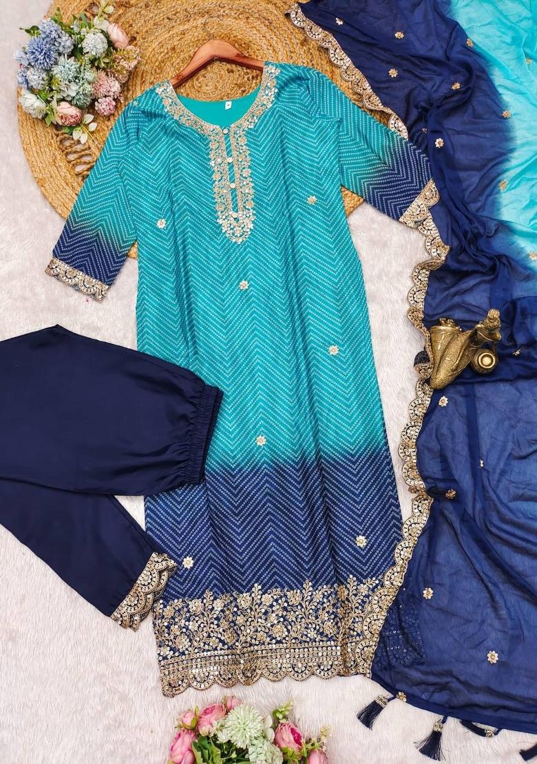 Sky Blue Bandhani Print Chinon Salwar Kameez With Dupatta