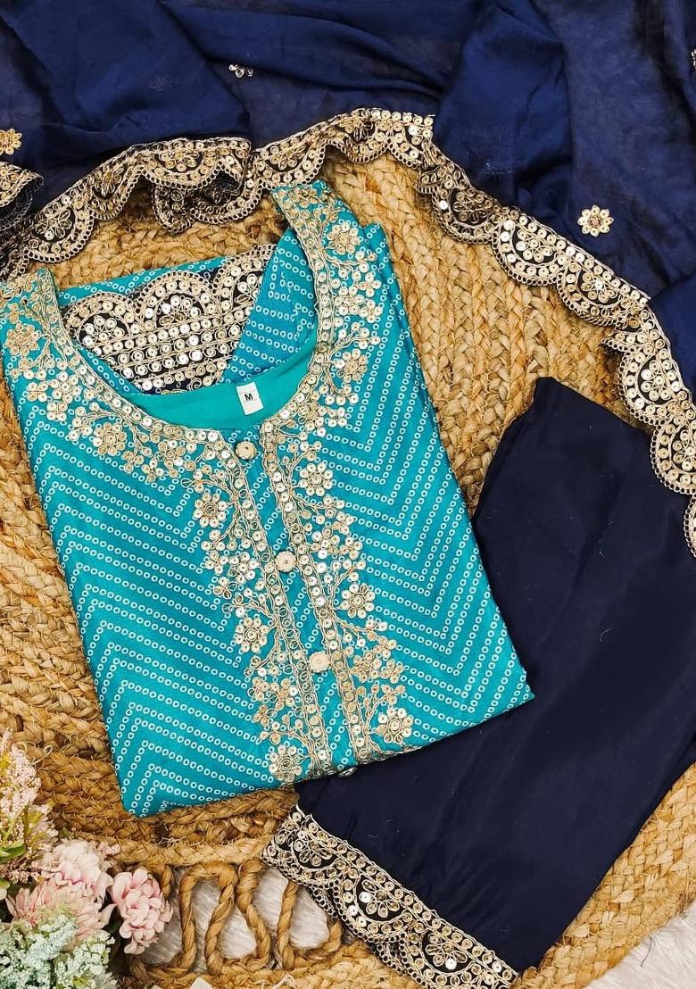 Sky Blue Bandhani Print Chinon Salwar Kameez With Dupatta