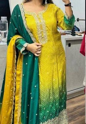 Yellow Bandhani Print Chinon Salwar Kameez With Dupatta