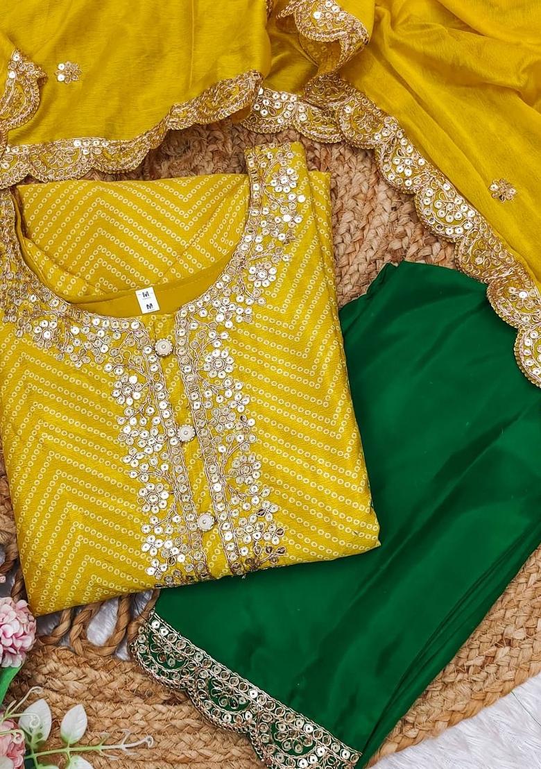 Yellow Bandhani Print Chinon Salwar Kameez With Dupatta