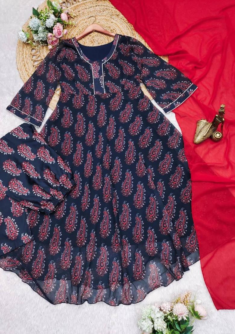 Navy Blue Embroidered Georgette Salwar Kameez With Dupatta