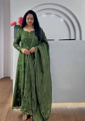 Green Embroidered Chinon Salwar Kameez With Dupatta