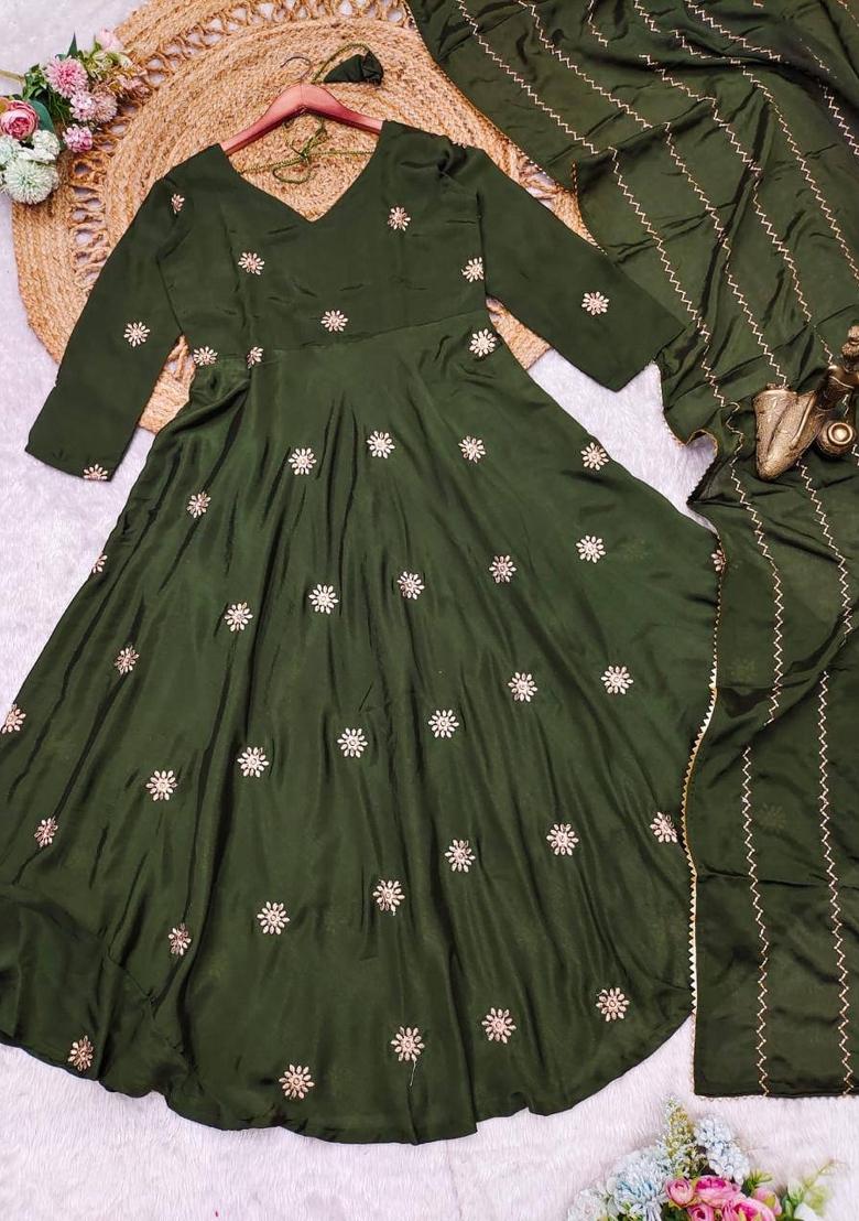 Green Embroidered Chinon Salwar Kameez With Dupatta