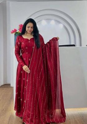 Maroon Embroidered Chinon Salwar Kameez With Dupatta