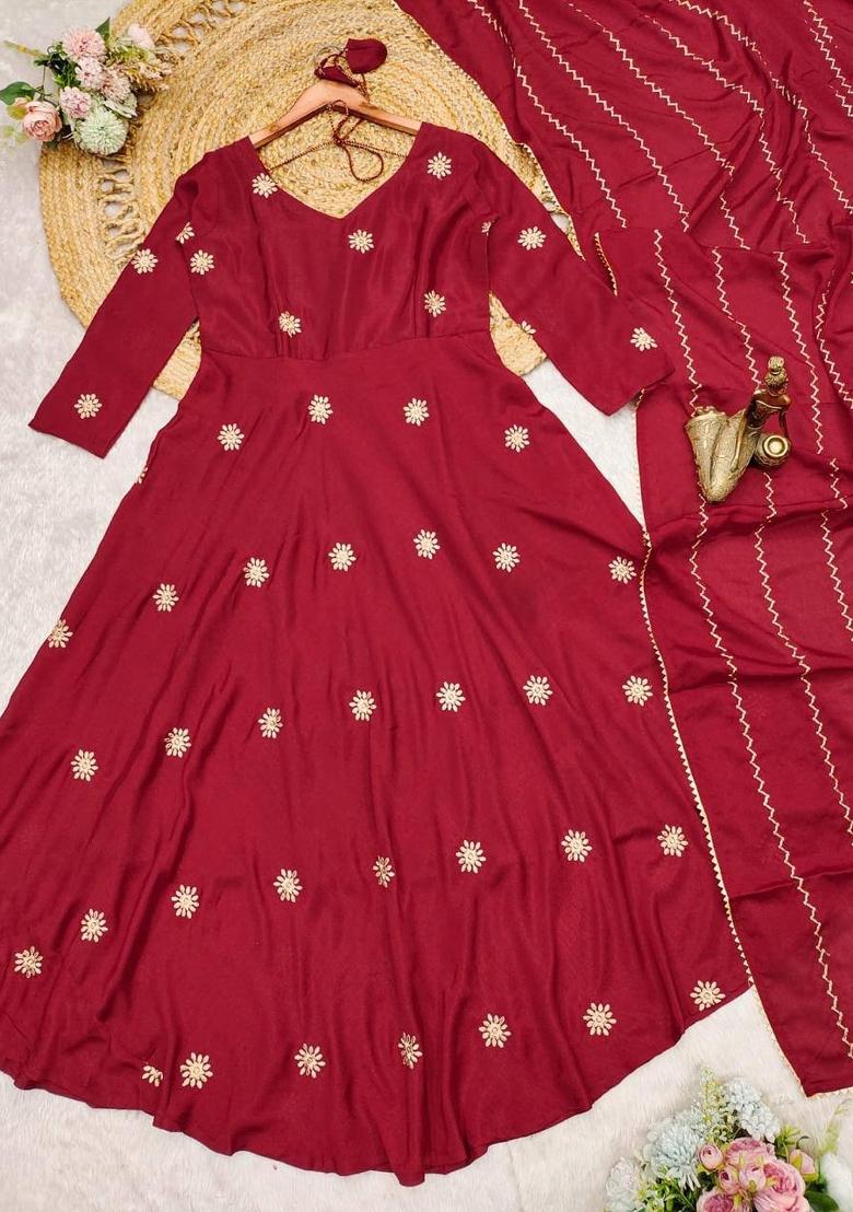 Maroon Embroidered Chinon Salwar Kameez With Dupatta