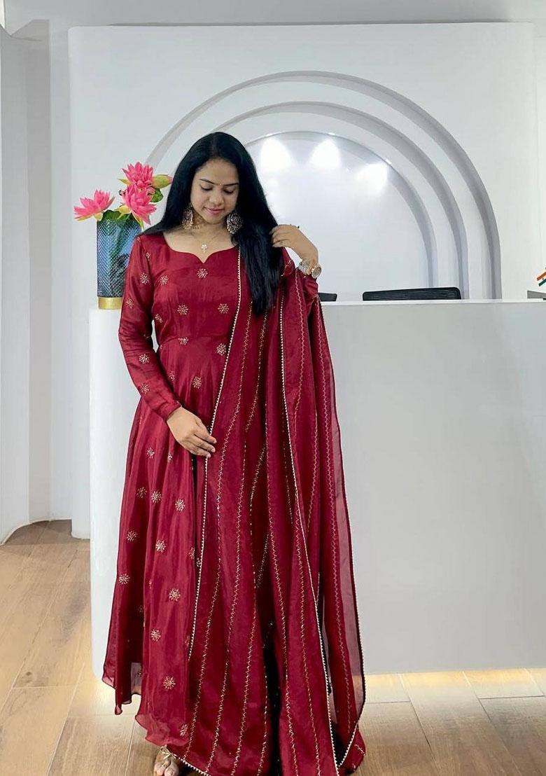 Maroon Embroidered Chinon Salwar Kameez With Dupatta