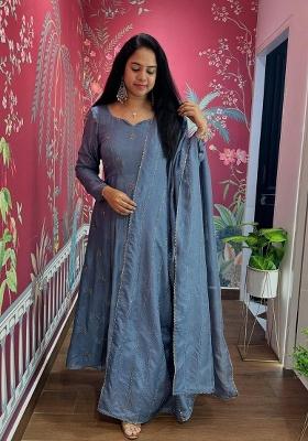 Navy Blue Embroidered Chinon Salwar Kameez With Dupatta