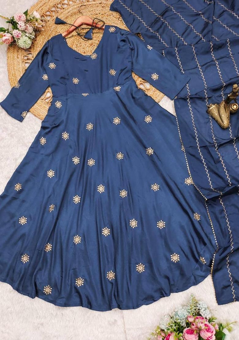 Navy Blue Embroidered Chinon Salwar Kameez With Dupatta