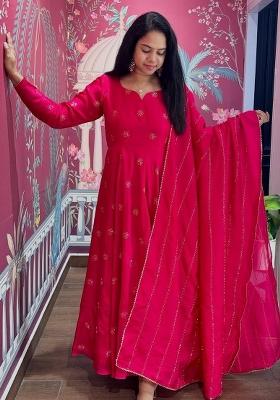 Pink Embroidered Chinon Salwar Kameez With Dupatta