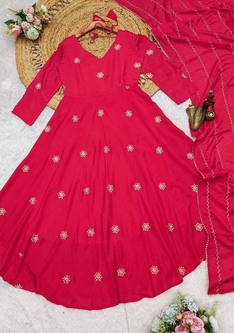 Pink Embroidered Chinon Salwar Kameez With Dupatta