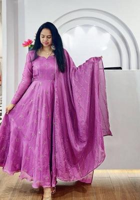 Purple Embroidered Chinon Salwar Kameez With Dupatta
