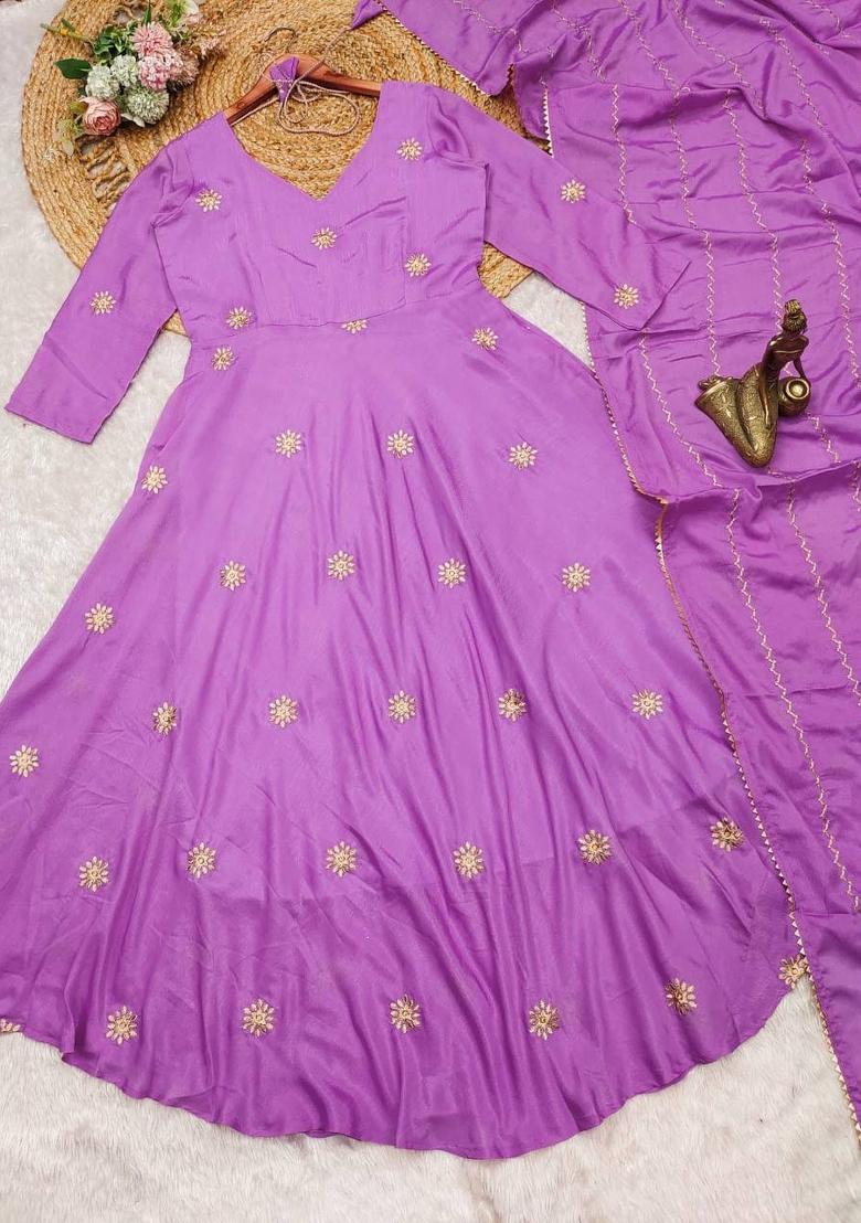 Purple Embroidered Chinon Salwar Kameez With Dupatta
