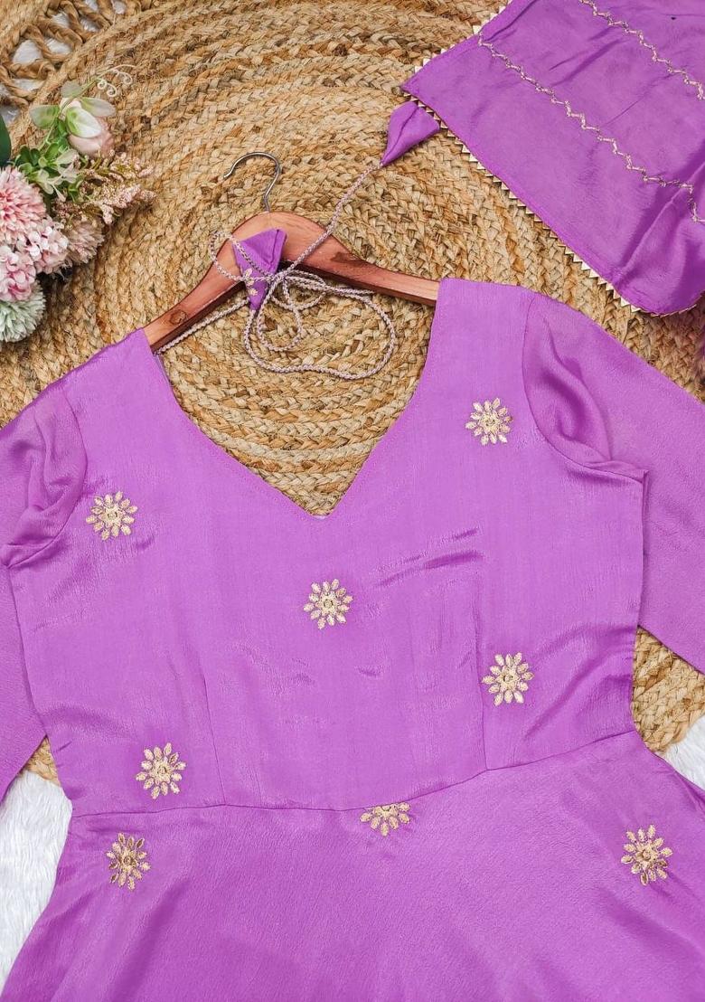 Purple Embroidered Chinon Salwar Kameez With Dupatta