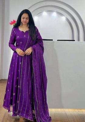 Royal Blue Embroidered Chinon Salwar Kameez With Dupatta