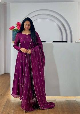 Wine Embroidered Chinon Salwar Kameez With Dupatta