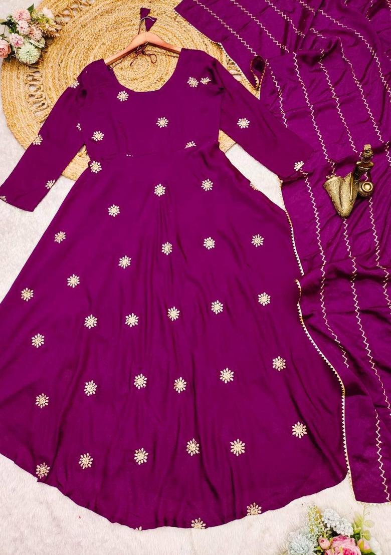 Wine Embroidered Chinon Salwar Kameez With Dupatta
