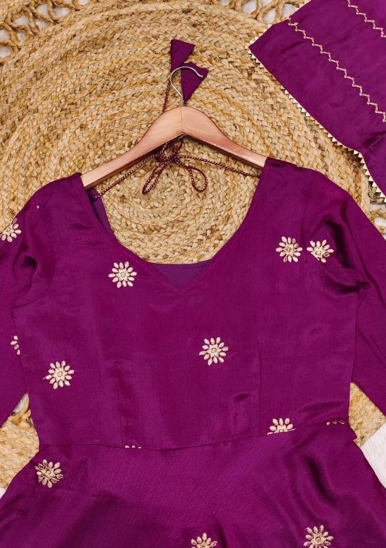 Wine Embroidered Chinon Salwar Kameez With Dupatta