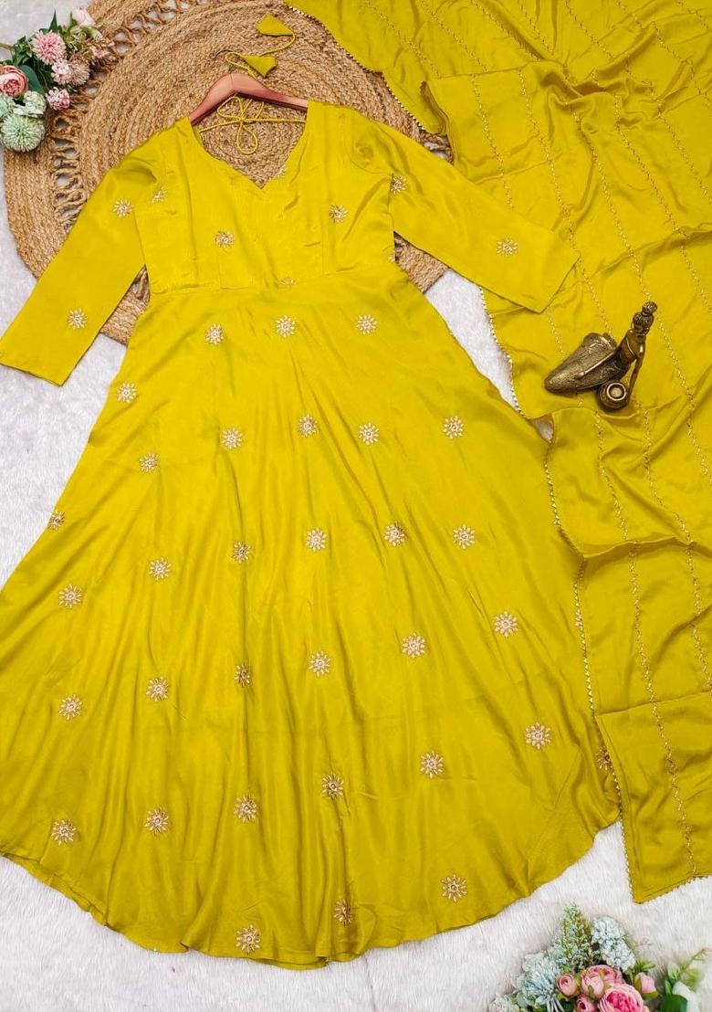 Yellow Embroidered Chinon Salwar Kameez With Dupatta