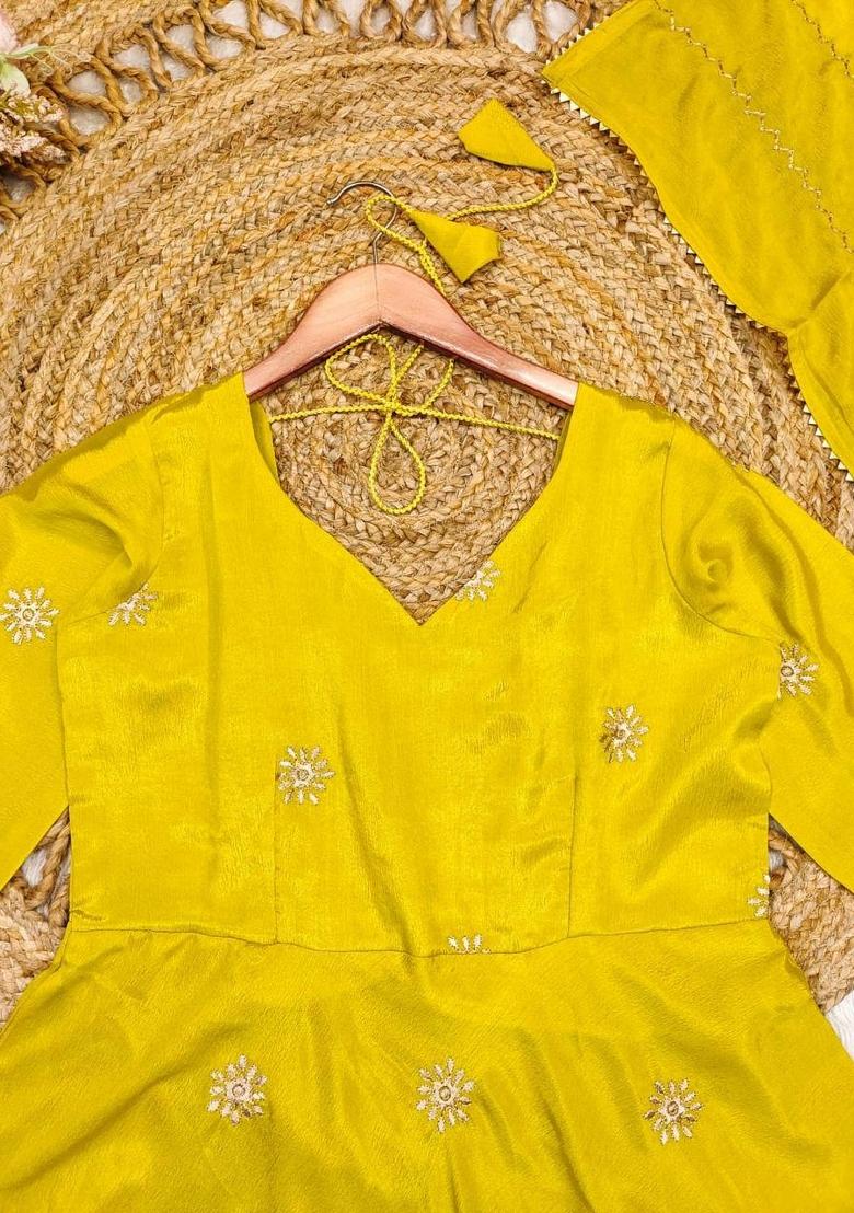 Yellow Embroidered Chinon Salwar Kameez With Dupatta