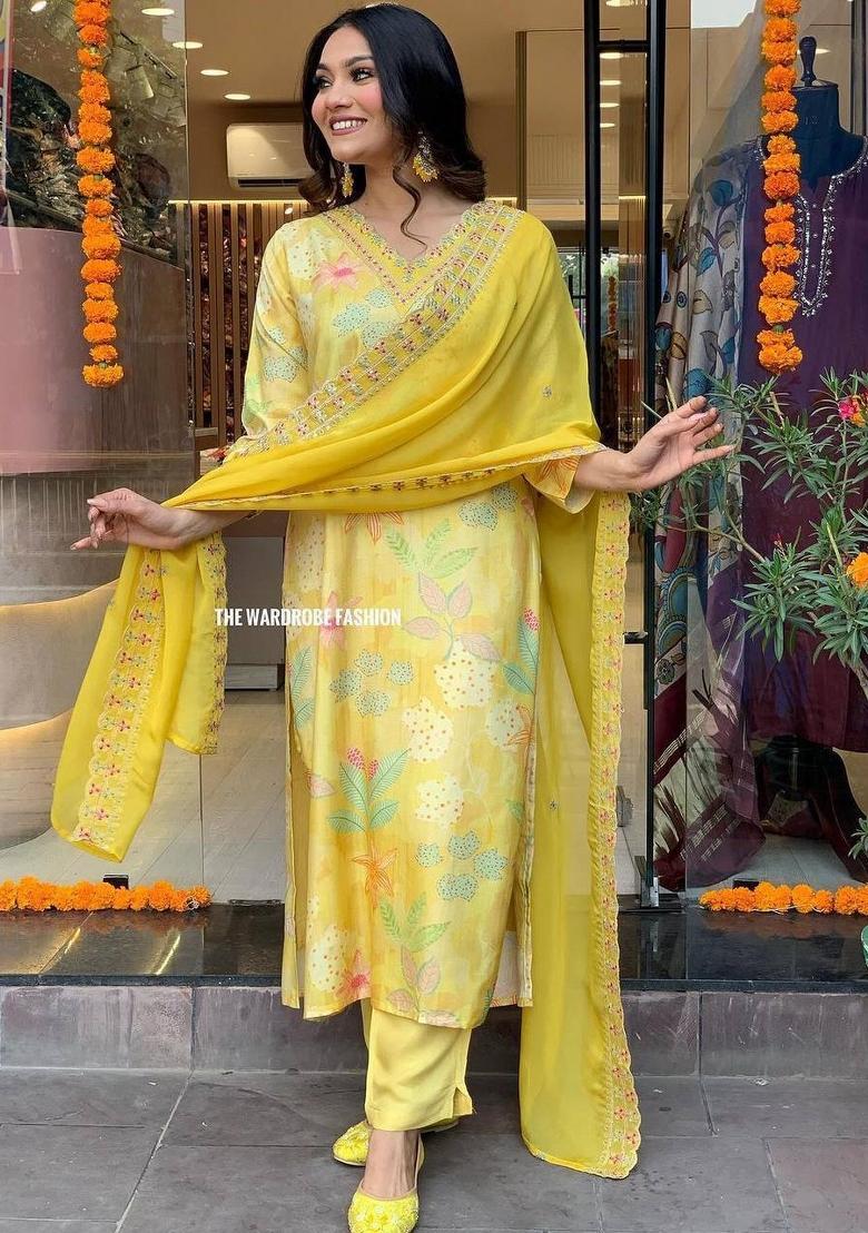 Yellow Digital Print Silk Salwar Kameez With Dupatta