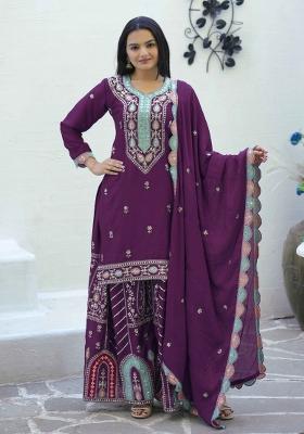 Navy Blue Embroidered Velvet Salwar Kameez With Dupatta