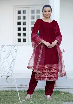 Navy Blue Embroidered Chinon Salwar Kameez With Dupatta