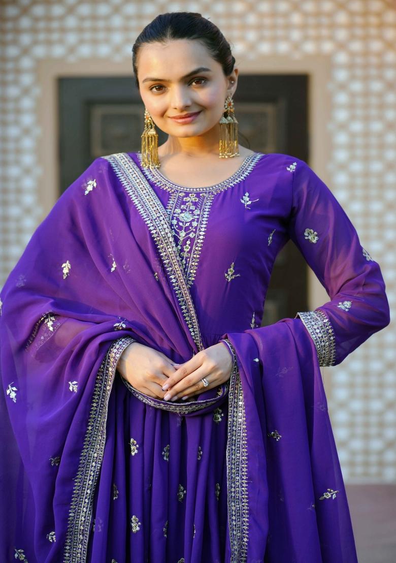 Lavender Embroidered Chinon Salwar Kameez With Dupatta
