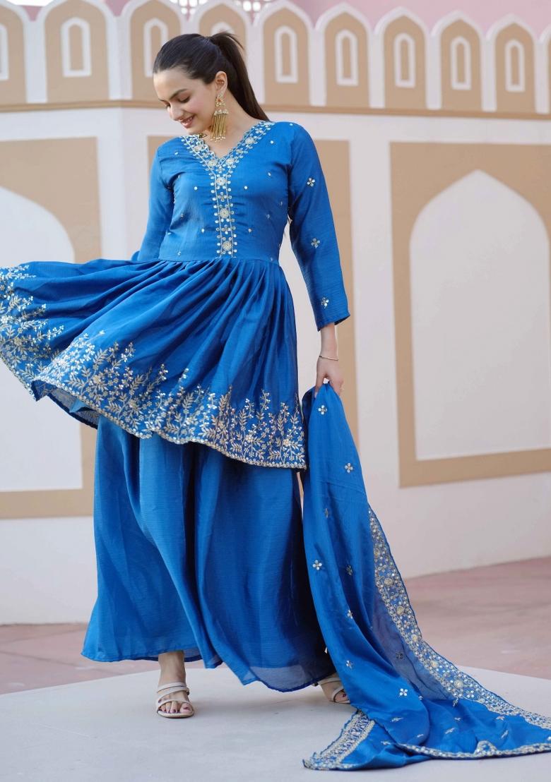 Sky Blue Embroidered Chinon Salwar Kameez With Dupatta