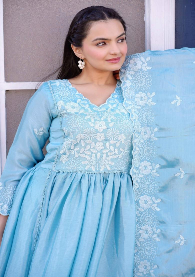 Purple Embroidered Chinon Salwar Kameez With Dupatta